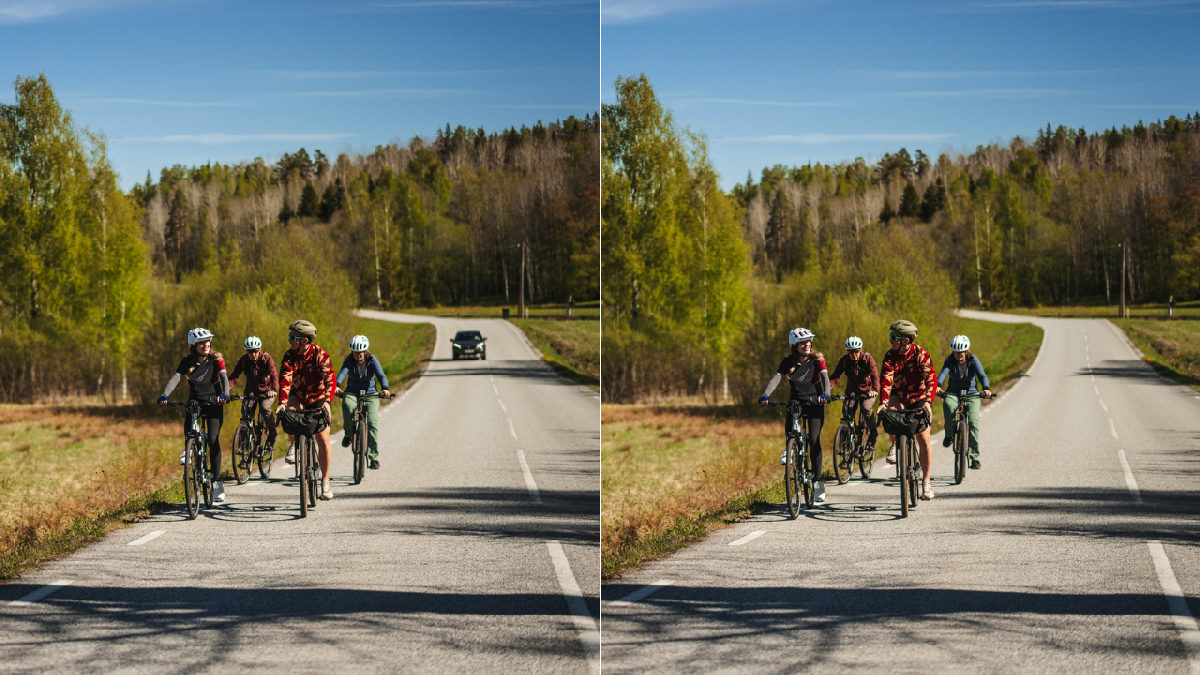 Före och efter Photoshop Remove Tool på bild åt Bergslagen Cykling